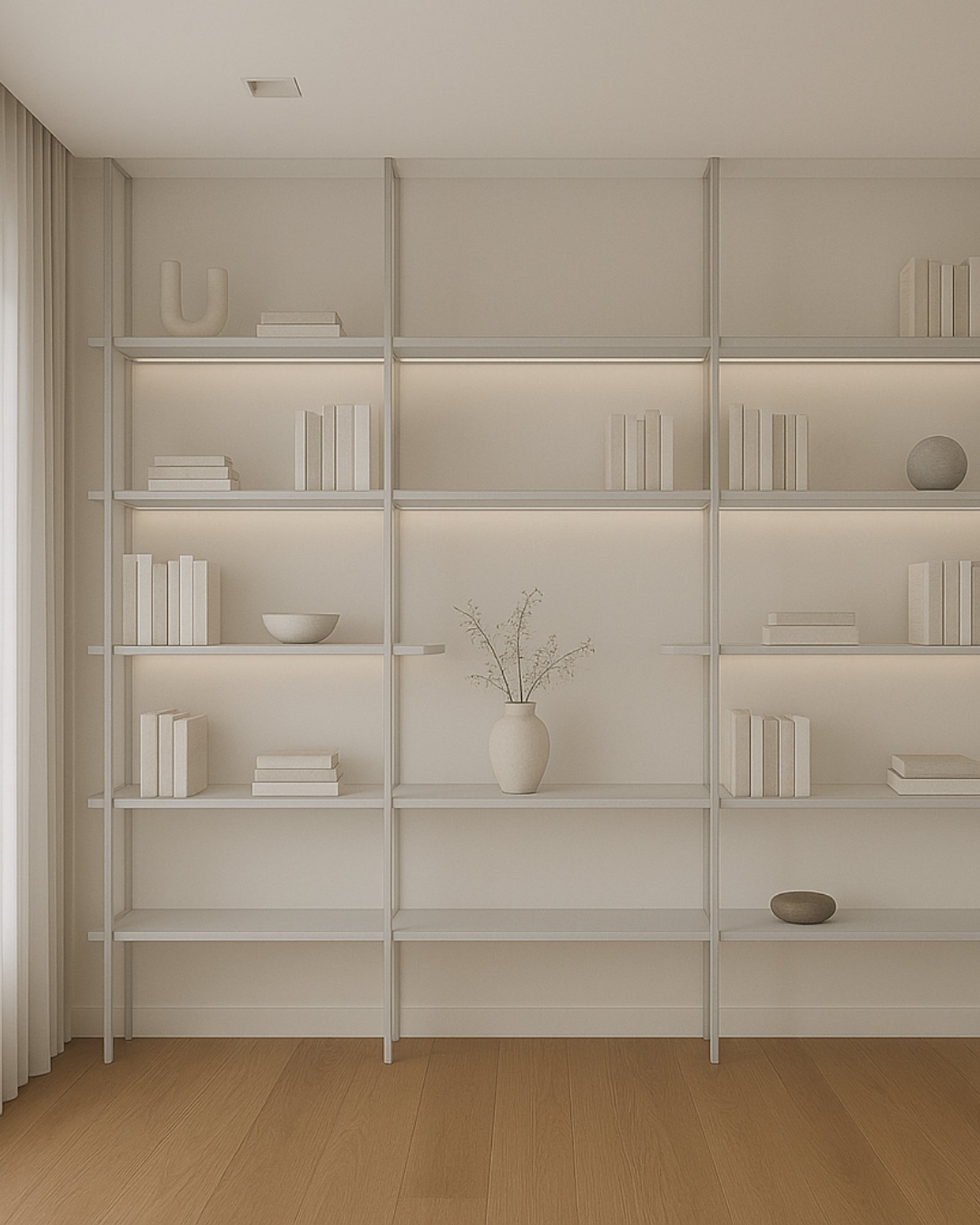 Estantería modular blanca minimalista con iluminación integrada — proyecto Bahía, por Casa Rosa Estudio, en Nordelta
