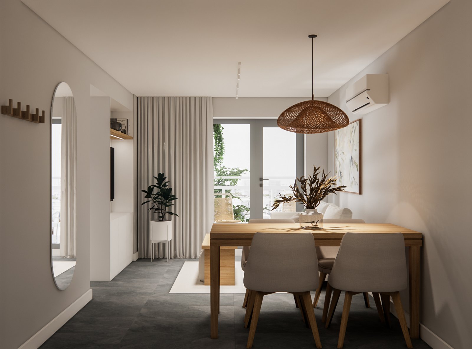 Comedor escandinavo luminoso con detalles boho y mesa de madera — proyecto Apartamento de ciudad, diseño funcional y acogedor, por Mela Deco Design, en Córdoba