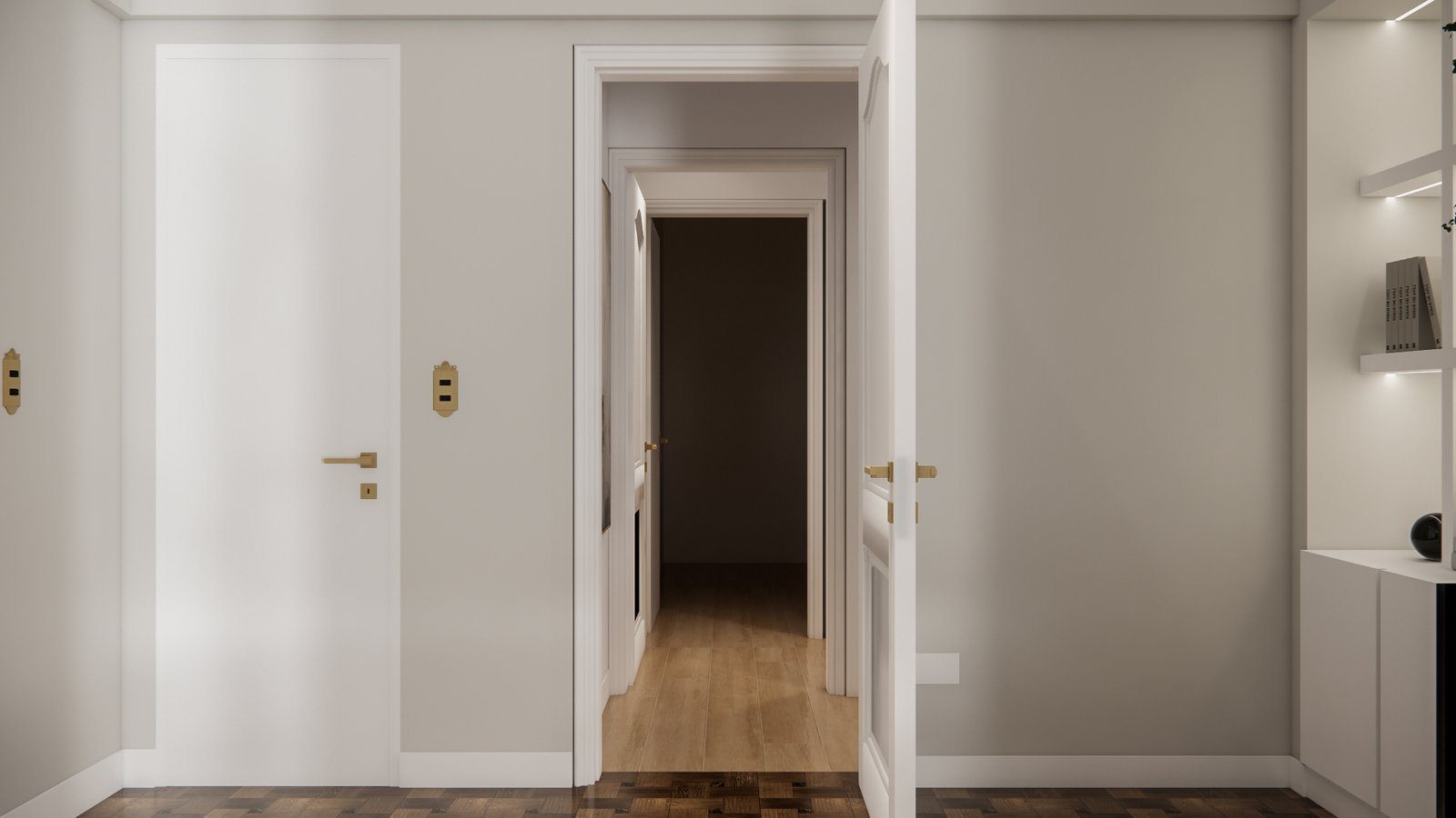 Pasillo moderno con puertas blancas y detalles dorados — proyecto Diseño elegante de living , por Mela Deco Design, en Buenos Aires