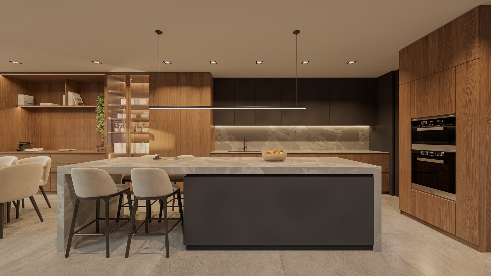 Cozinha moderna com ilha central de madeira e mármore — projeto Casa IZA, por Grupo CRBN, em Villa Urquiza