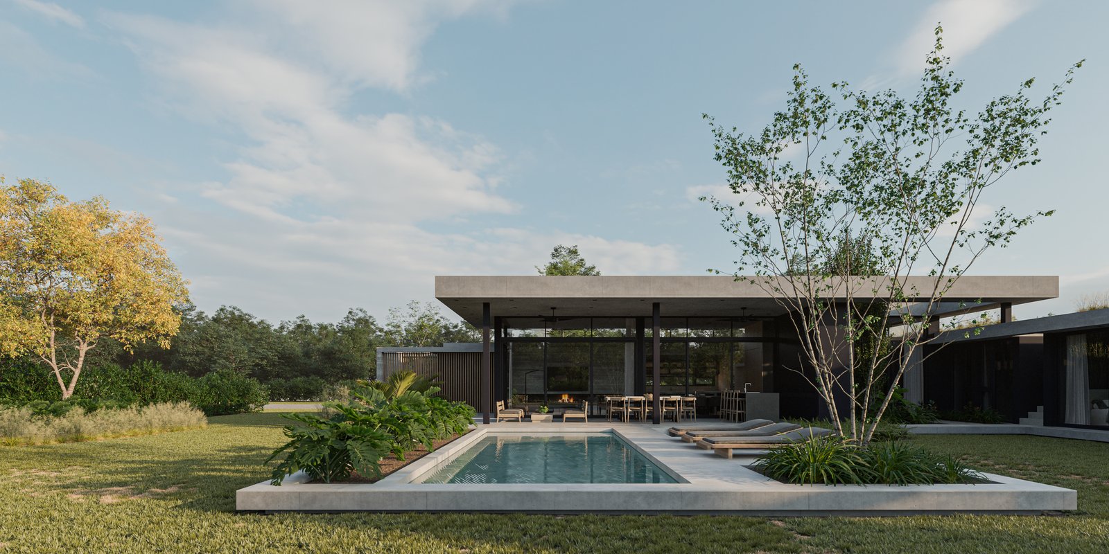Casa moderna con piscina, deck y grandes ventanales — proyecto Casa LAZO, por Grupo CRBN, en B2812 Exaltación de la Cruz