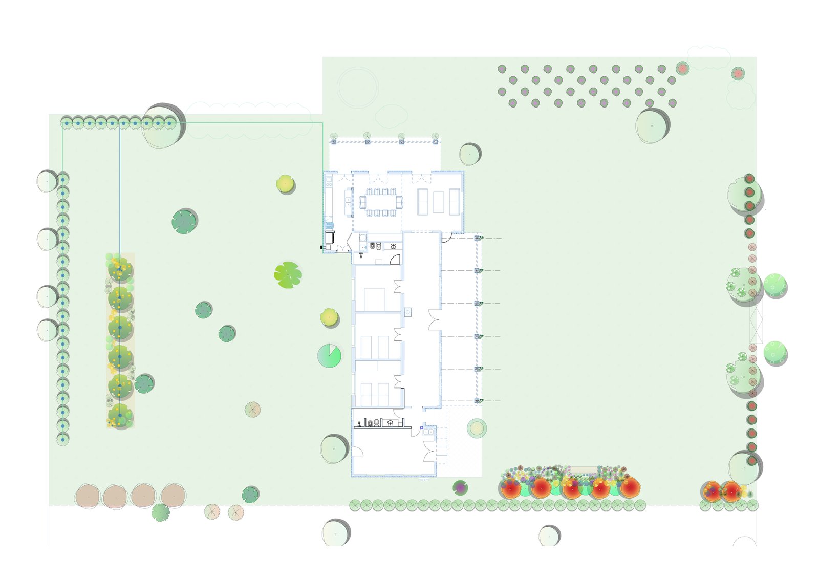 Plano arquitectónico de casa moderna con jardín y vegetación — proyecto Casa WAI, por Estudio Rifahi, en Zenón Videla Dorna