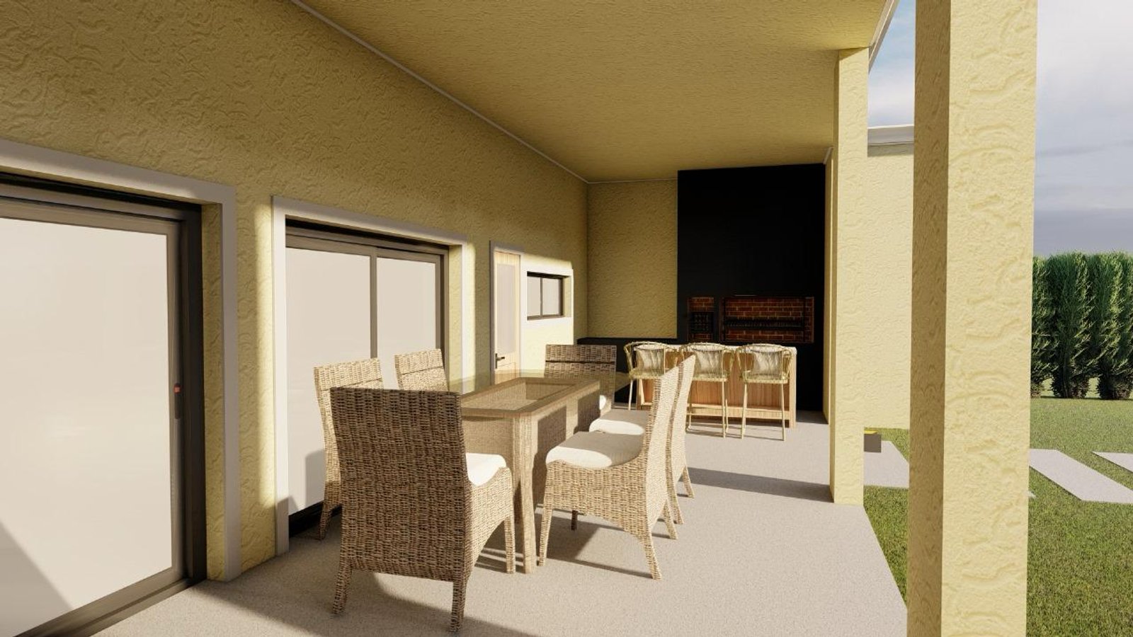 Comedor exterior moderno con muebles de ratán y parrilla integrada — proyecto Proyecto de vivienda en San Vicente, por ODF Arquitectura & Obra, en San Vicente