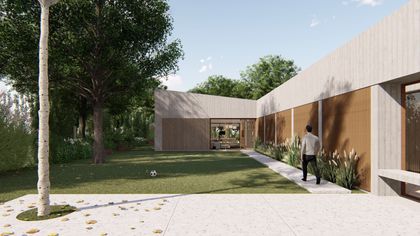 Patio moderno con pérgola, jardín y pared de madera — proyecto Casa Andarivel, por Grupo Studio, en Ciudad de Córdoba