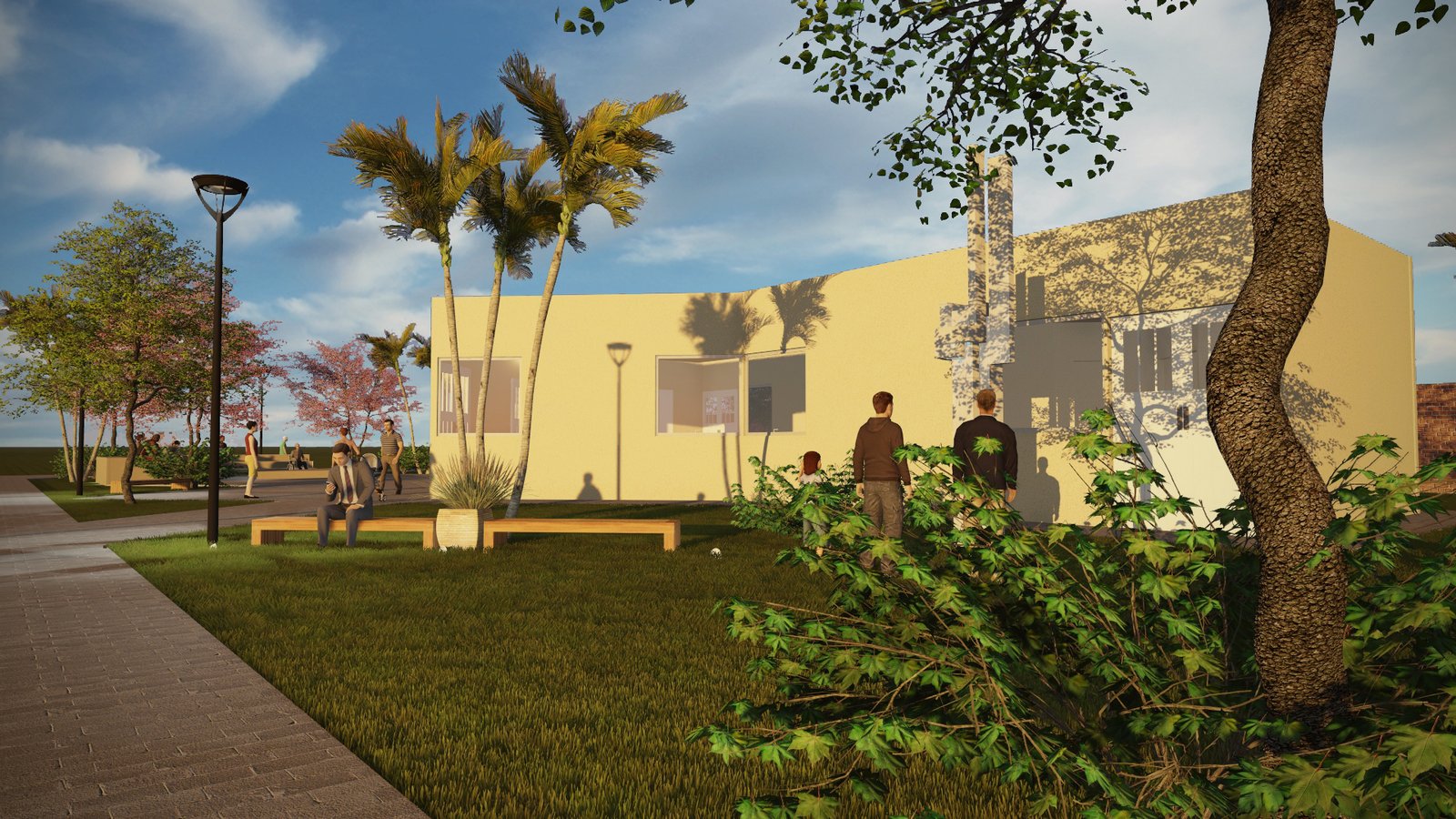 Patio moderno con palmeras y fachada amarilla — proyecto Biblioteca Publica, Dr. Juan Manuel Rivera. Caa Cati, Corrientes., por Arquitecto Gustavo Maidana, en Caá Catí