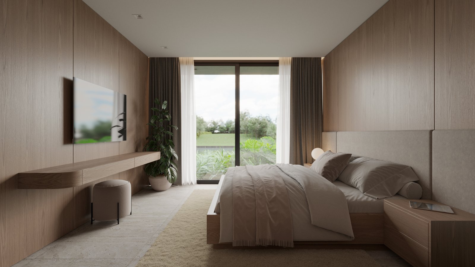 Dormitorio moderno con paneles de madera y gran ventanal — proyecto Casa CALMA, por Grupo CRBN, en Av. de los Lagos 100