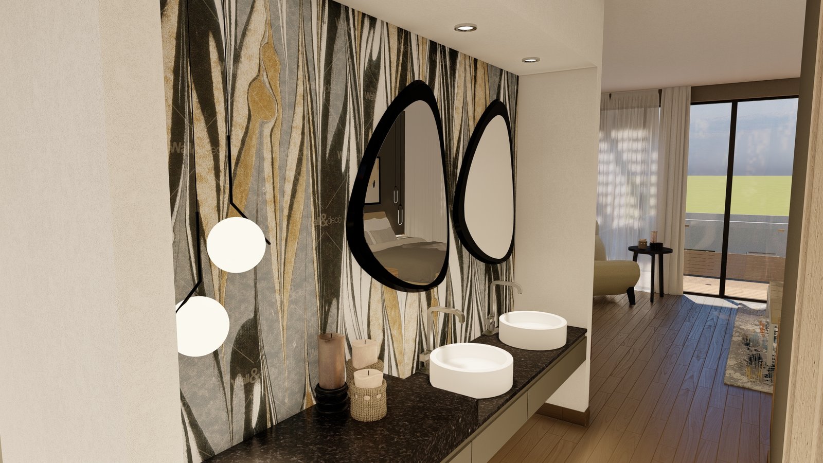baño moderno con papel mural abstracto y espejos ovalados — proyecto Casa FG , por L8A | interiorismo & arquitectura, en Simón Bolívar 237
