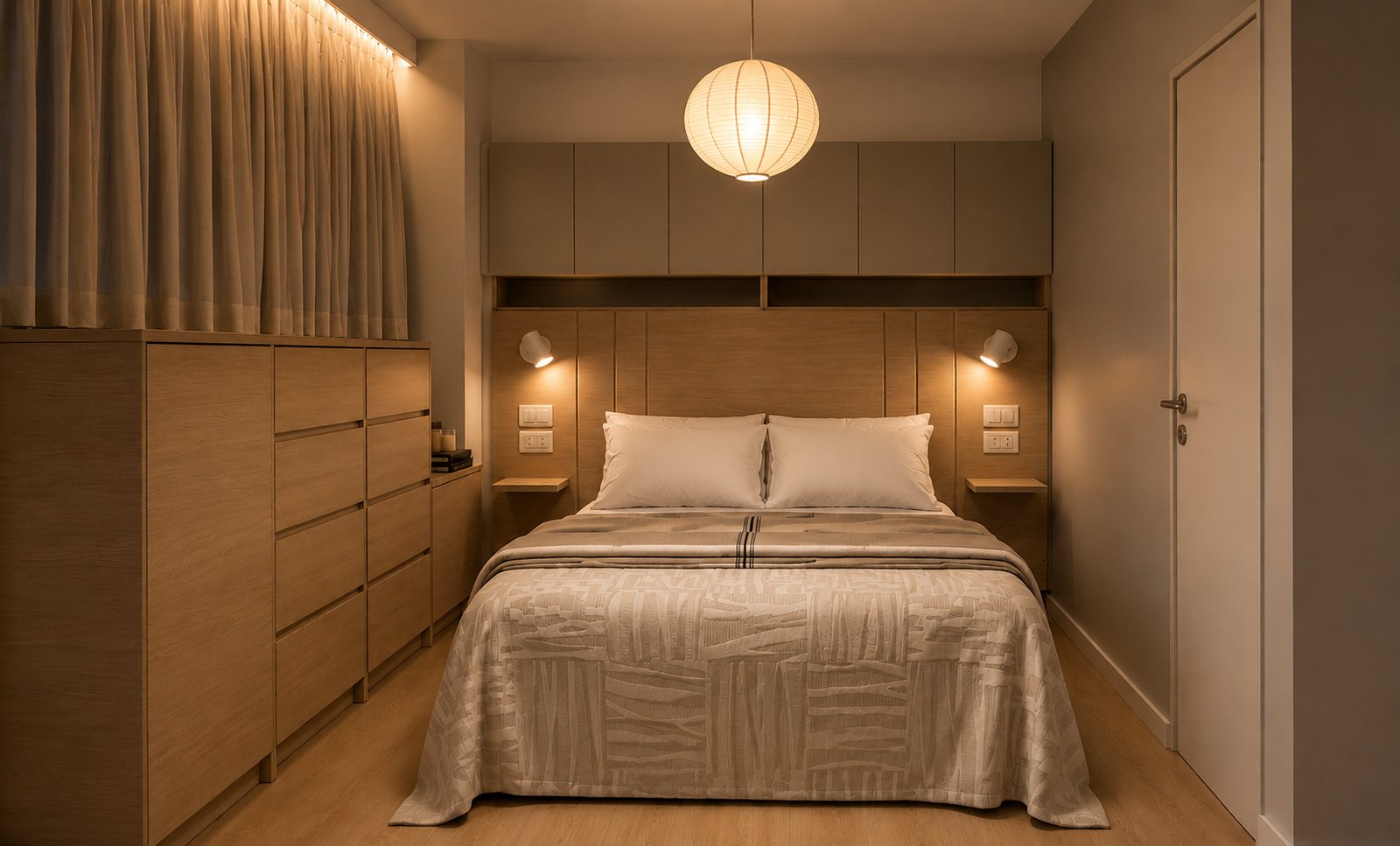 Quarto moderno com paredes e móveis de madeira clara — projeto Beiro49 C&J, por Casa Fi, em Villa Devoto