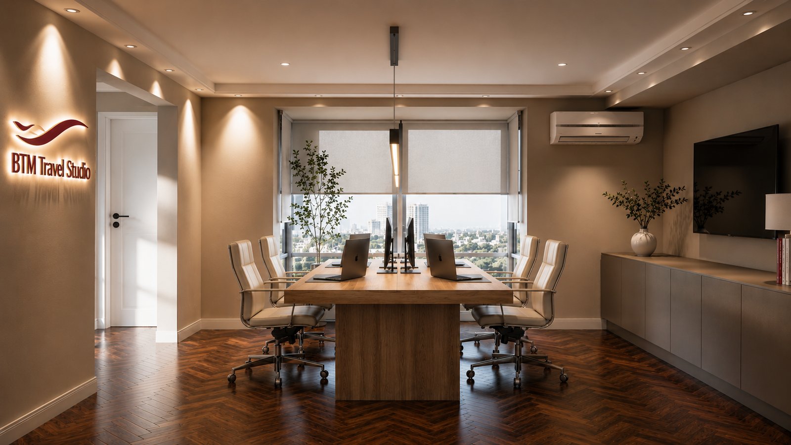 Oficina moderna con escritorio grande de madera y sillas grises — proyecto Diseño de oficina, agencia de turismo boutique, por Mela Deco Design, en Montevideo