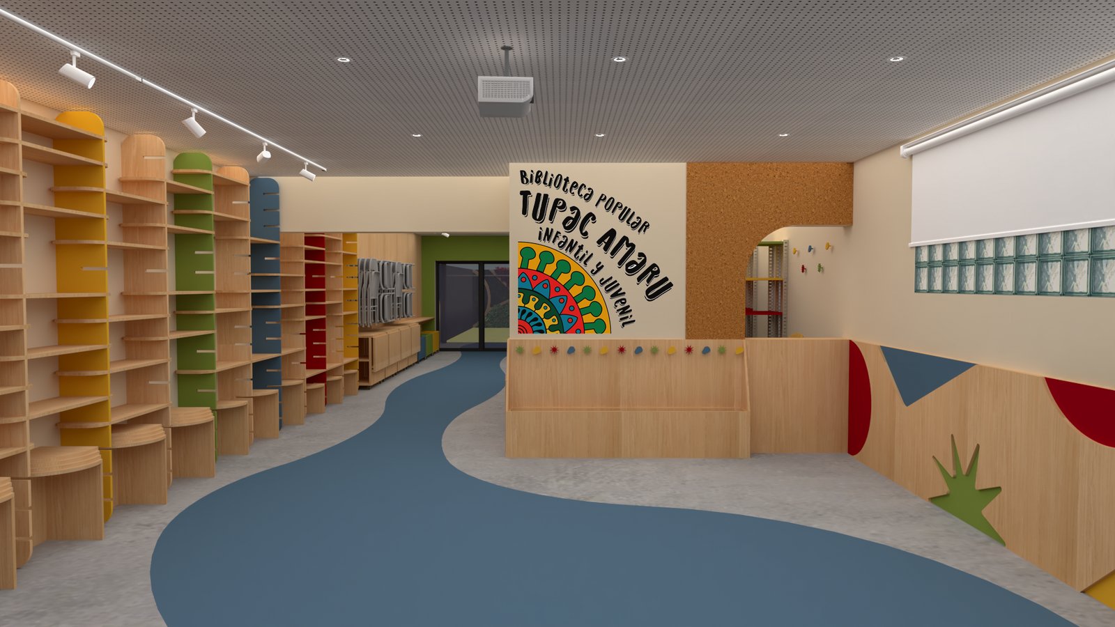 Biblioteca infantil con estanterías de madera y mural colorido — proyecto Con poco hacer mucho | Rediseño Biblioteca popular Túpac Amaru, por Ludmila Ortega diseño, en Calle 9 Casa