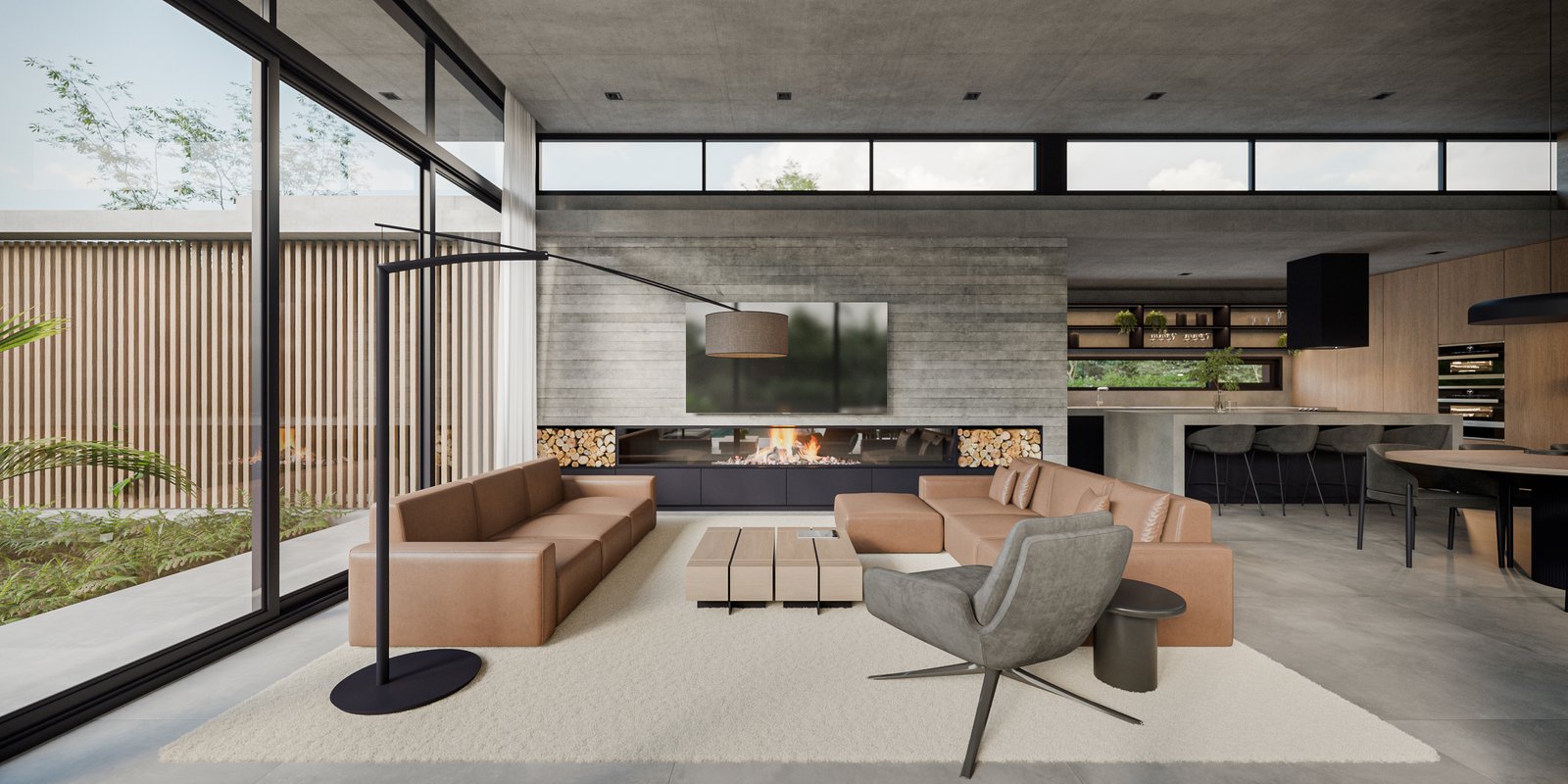 Living moderno con vista al jardín, concreto y chimenea — proyecto Casa LAZO, por Grupo CRBN, en B2812 Exaltación de la Cruz