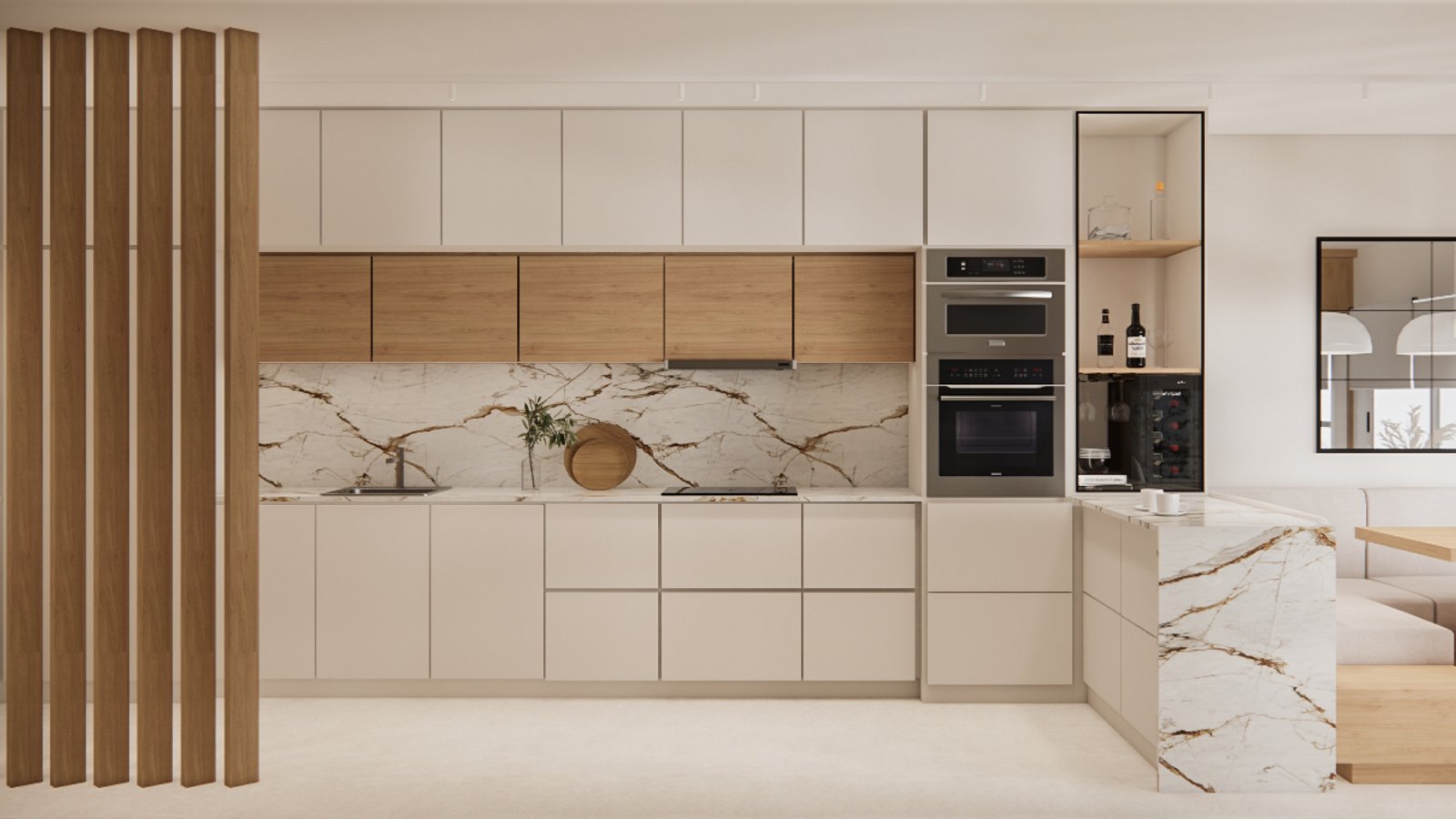 Cocina moderna minimalista con detalles en mármol y madera — proyecto Casa de familia moderna con vista al mar, por Mela Deco Design, en Punta del Este