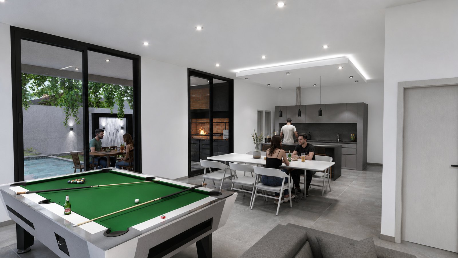 Interior moderno abierto con mesa de pool y cocina grande — proyecto Proyecto Jorval, por WILSON ARQUITECTURA, en Moreno