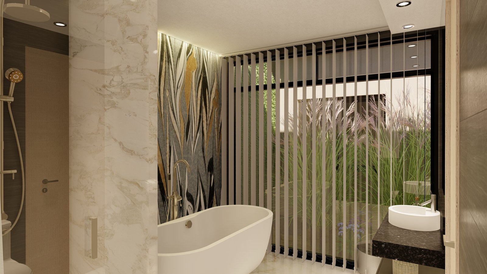 Baño moderno con bañera exenta y pared de diseño — proyecto Casa FG , por L8A | interiorismo & arquitectura, en Simón Bolívar 237