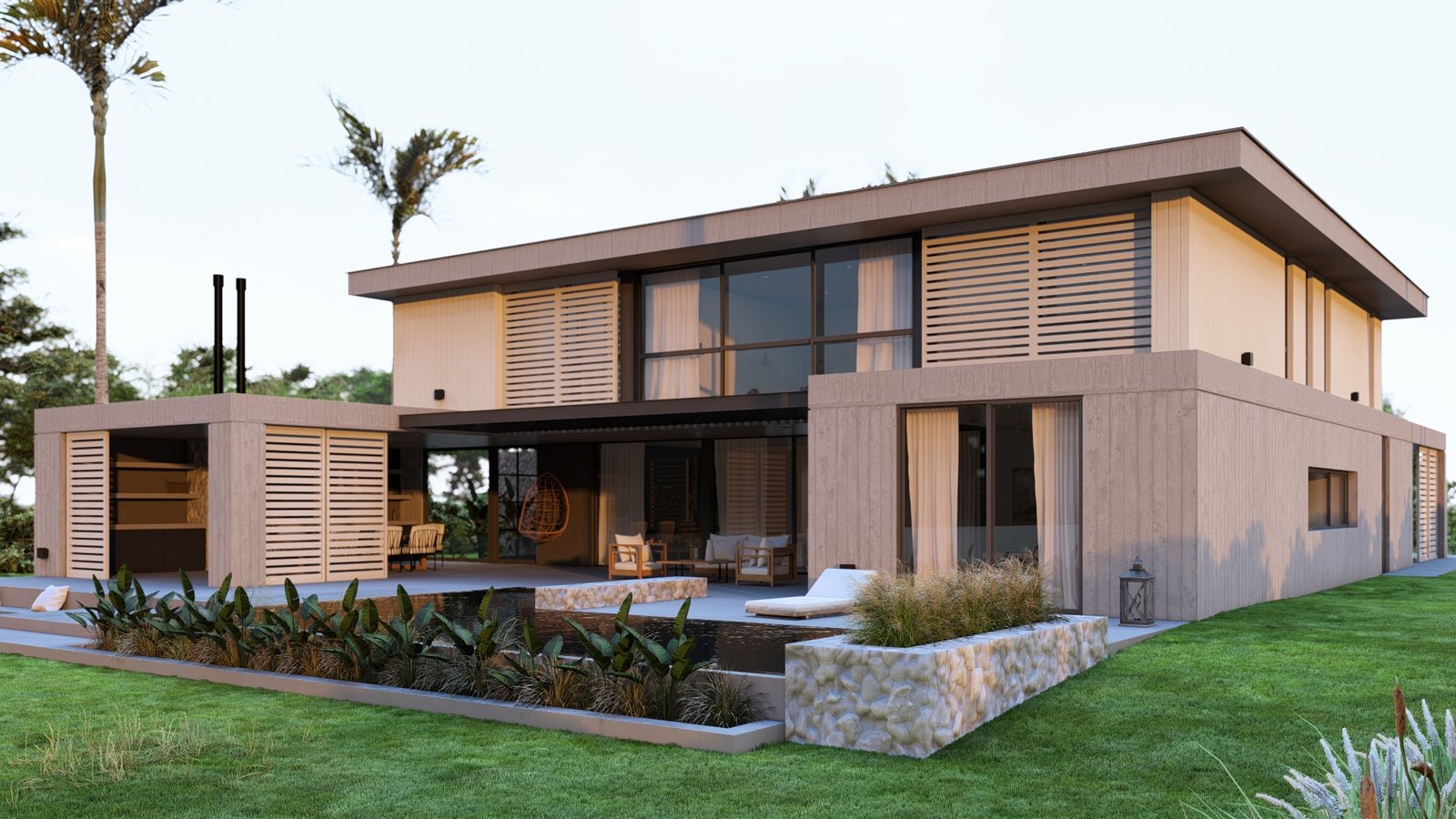 Casa moderna con piscina infinita y fachada de madera — proyecto Casa BF, por Hermann Arquitectos, en Nordelta