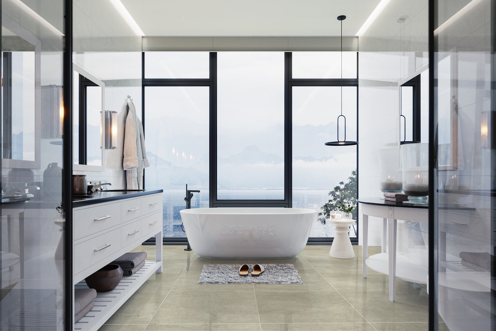 Baño moderno con vista a la montaña y bañera exenta — proyecto 60x60, por Cerámica Alberdi 
