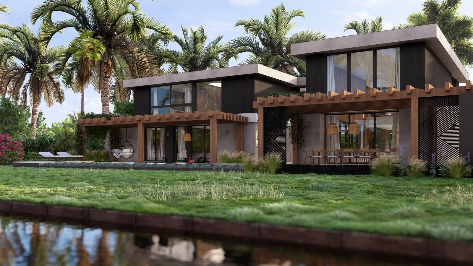Fachada moderna à beira-mar com grandes janelas e madeira — projeto Casa SF, por Hermann Arquitectos, em Los Cipreses 2