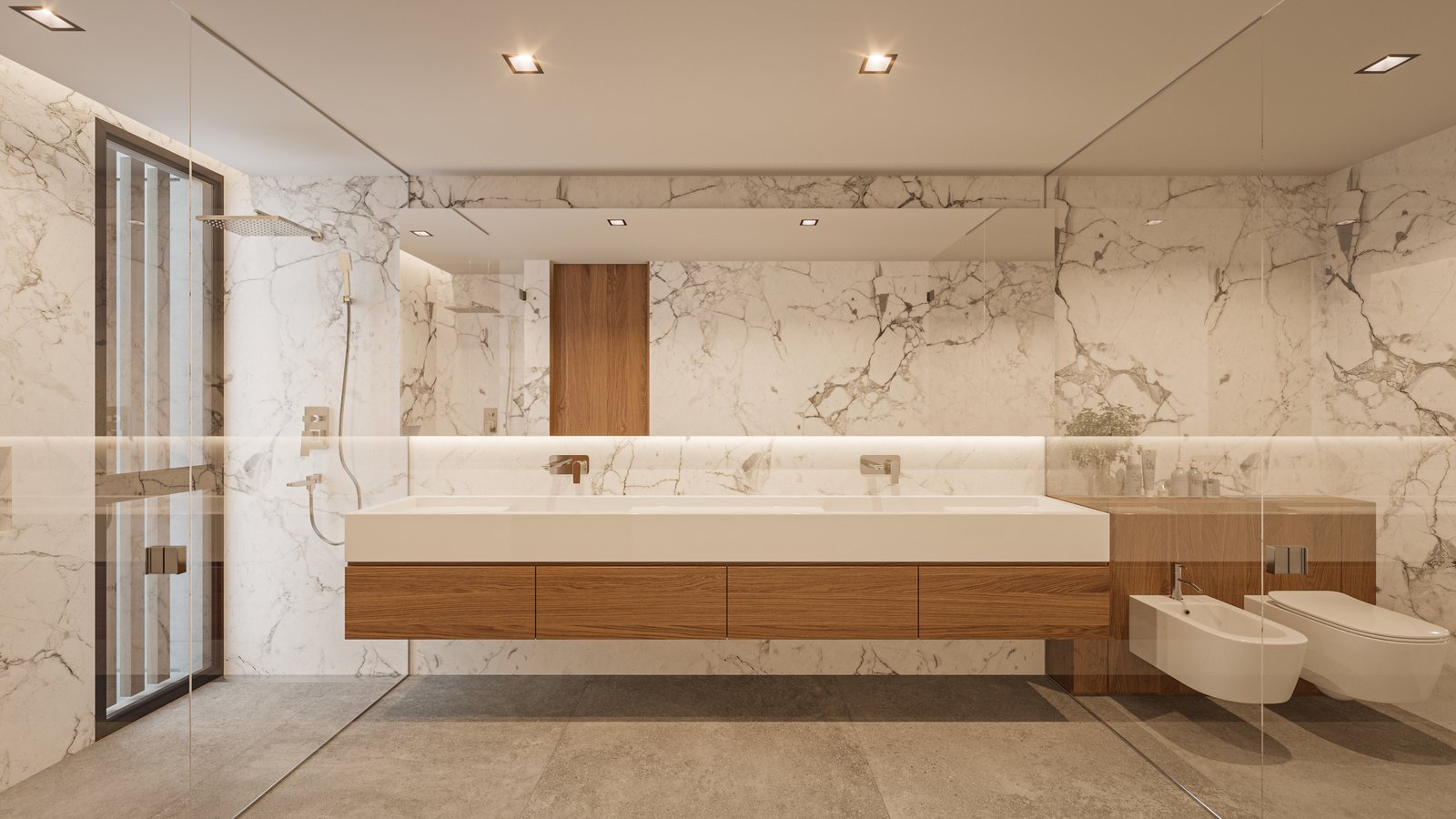 Baño moderno con mármol, madera flotante y doble bacha integrada — proyecto Casa IZA, por Grupo CRBN, en Villa Urquiza