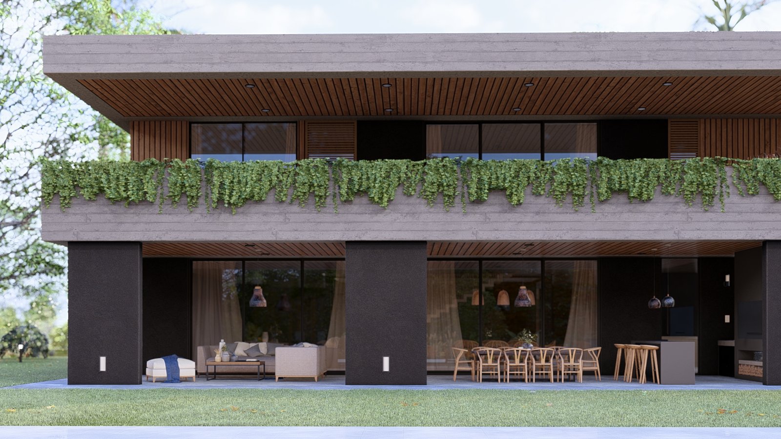 Fachada moderna con jardín vertical y terraza de madera — proyecto Casa ML, por Hermann Arquitectos, en Avenida del Golf s/n