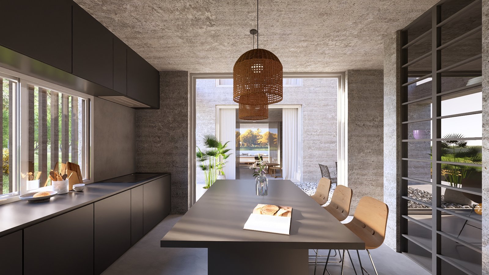 Cocina moderna con isla y comedor, paredes de hormigón visto — proyecto Casa AC, por Hermann Arquitectos, en Nordelta