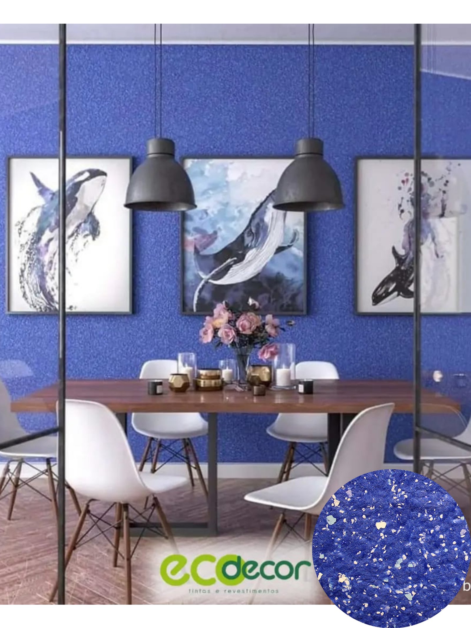 Comedor moderno con pared de glitter azul y arte de ballenas — proyecto Comedor, por ecodecor argentina, en Buenos Aires