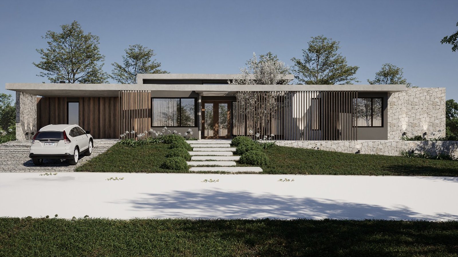Fachada moderna de casa suburbana con piedra y madera — proyecto Casa Alas, por Analia Valle Y Asociados, en Ruta Panamericana No. 9 Km 61
