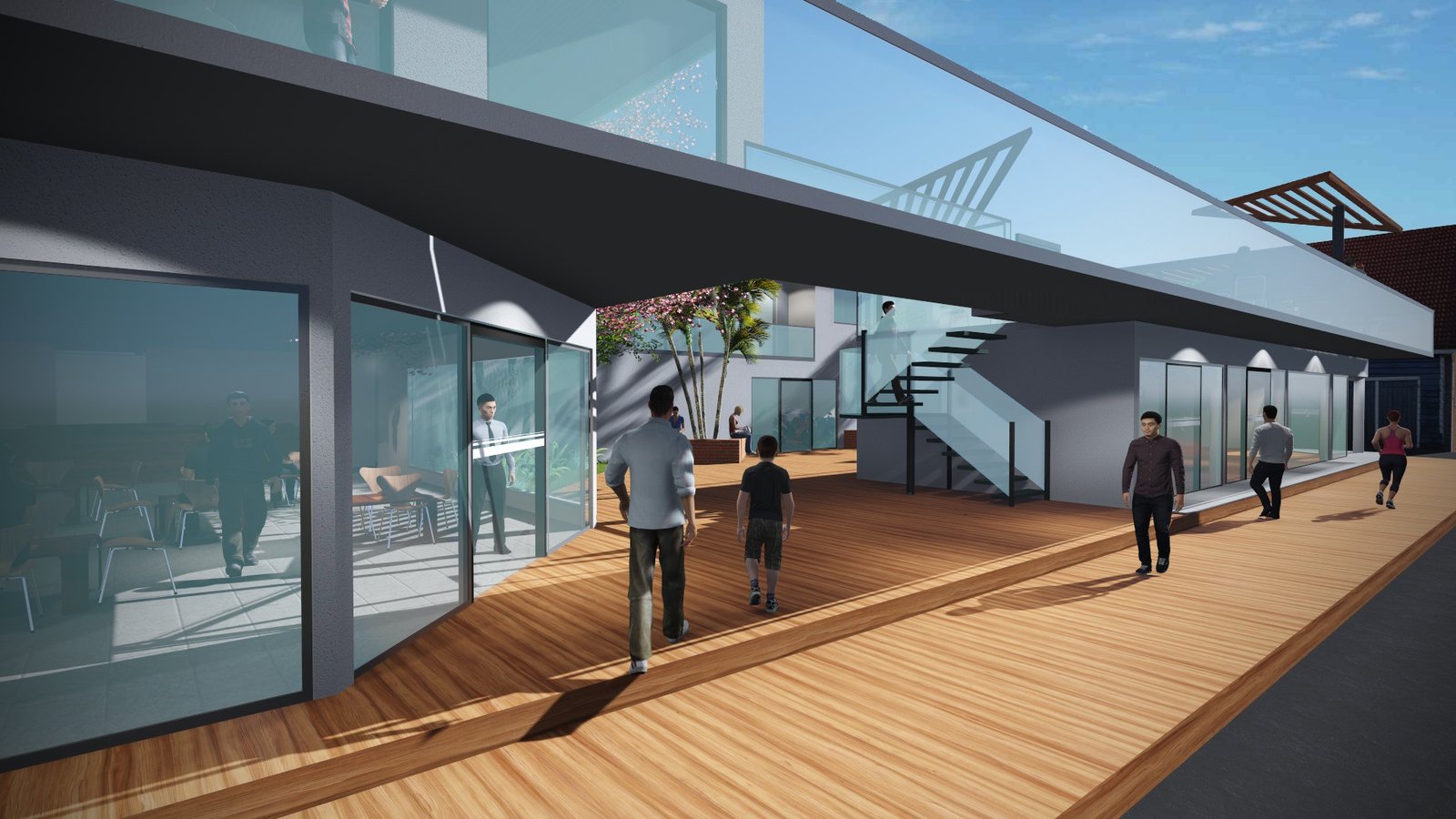 Fachada comercial moderna con terraza de madera y ventanales — proyecto Complejo Comercial en Paso de La Patria, por Arquitecto Gustavo Maidana, en Paso de la Patria
