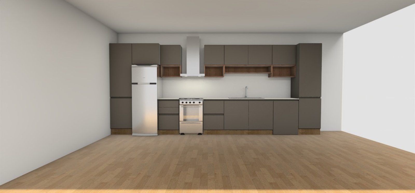 Cozinha moderna cinza com piso de madeira e eletrodomésticos de inox — projeto Cocina en Castelar, por La Casa arquitectura, em B1712 Castelar