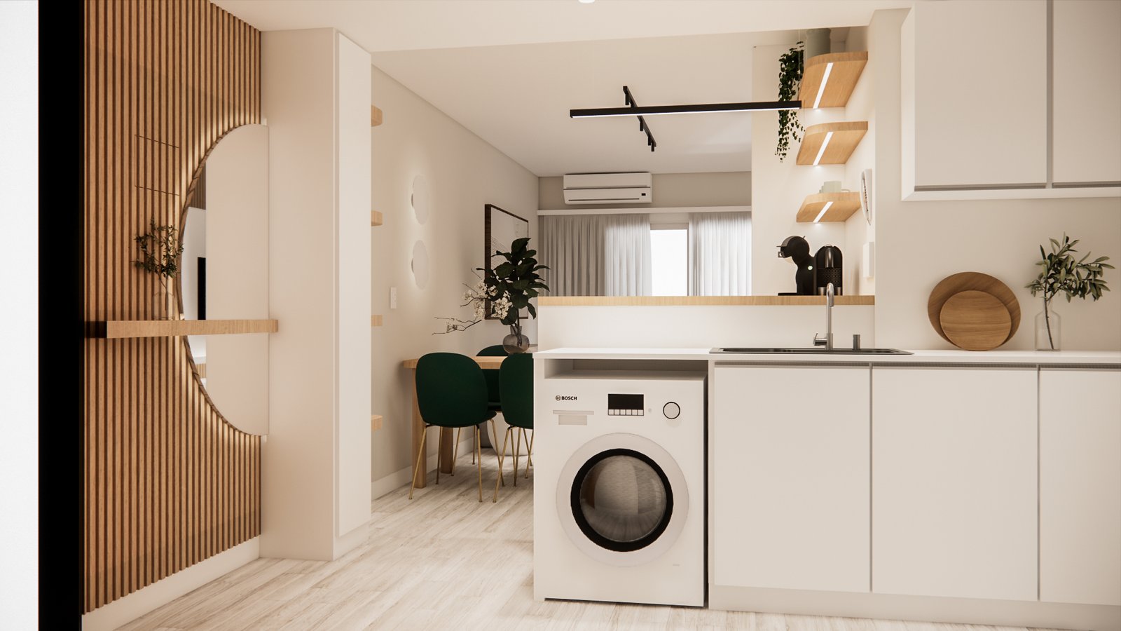 Cocina moderna integrada con lavadero y pared de listones de madera — proyecto Diseño de departamento cálido y funcional, por Mela Deco Design, en Buenos Aires