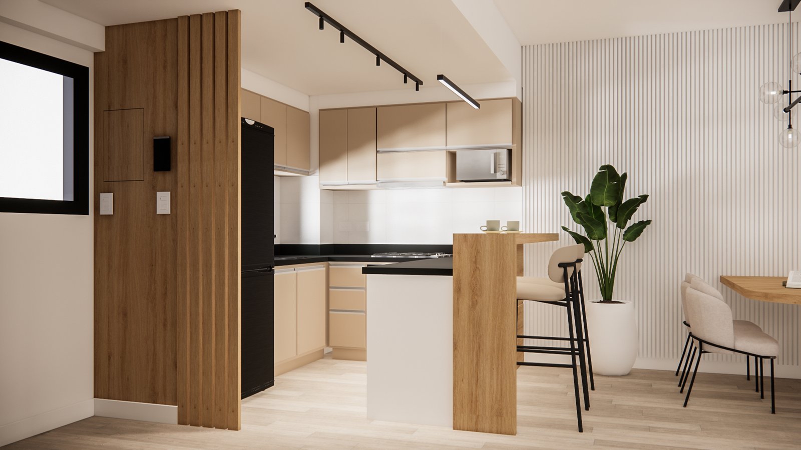 Cocina moderna de estilo escandinavo con isla de madera y detalles en listones — proyecto Estética Soft: Madera, Luz y Confort, por Mela Deco Design, en Buenos Aires