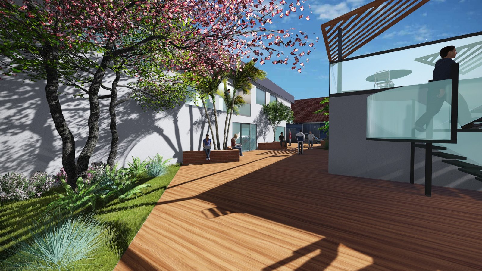 pátio moderno com deck e árvore florida — projeto Complejo Comercial en Paso de La Patria, por Arquitecto Gustavo Maidana, em Paso de la Patria