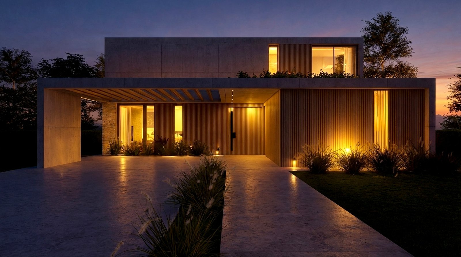 fachada moderna de hormigón con iluminación nocturna — proyecto Casa SC464, por EZ architects, en La Garza