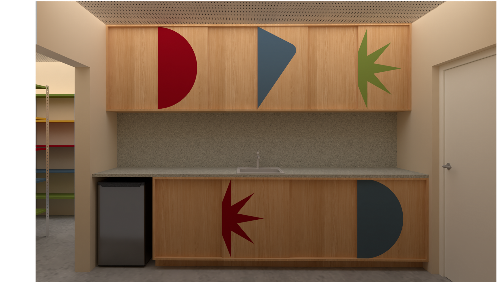 Cocina moderna con gabinetes de madera y decoración geométrica — proyecto Con poco hacer mucho | Rediseño Biblioteca popular Túpac Amaru, por Ludmila Ortega diseño, en Calle 9 Casa