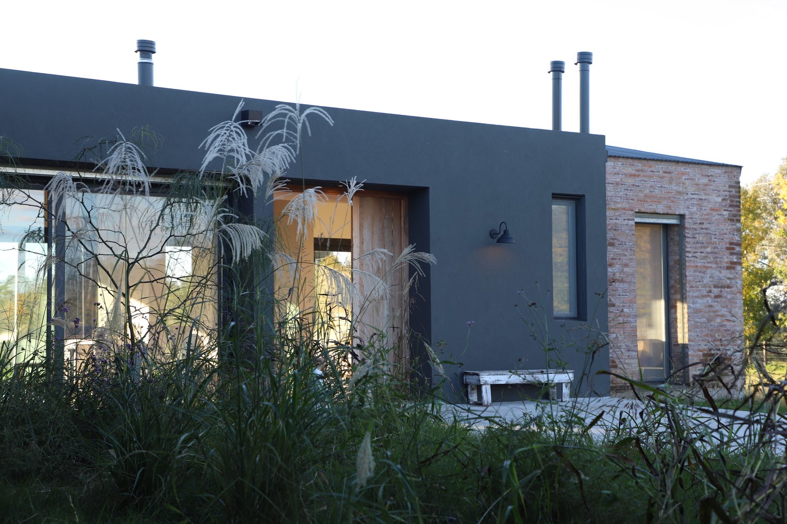 Fachada moderna con vegetación exuberante — proyecto Casa Areco, por R+B arquitectos, en San Antonio de Areco