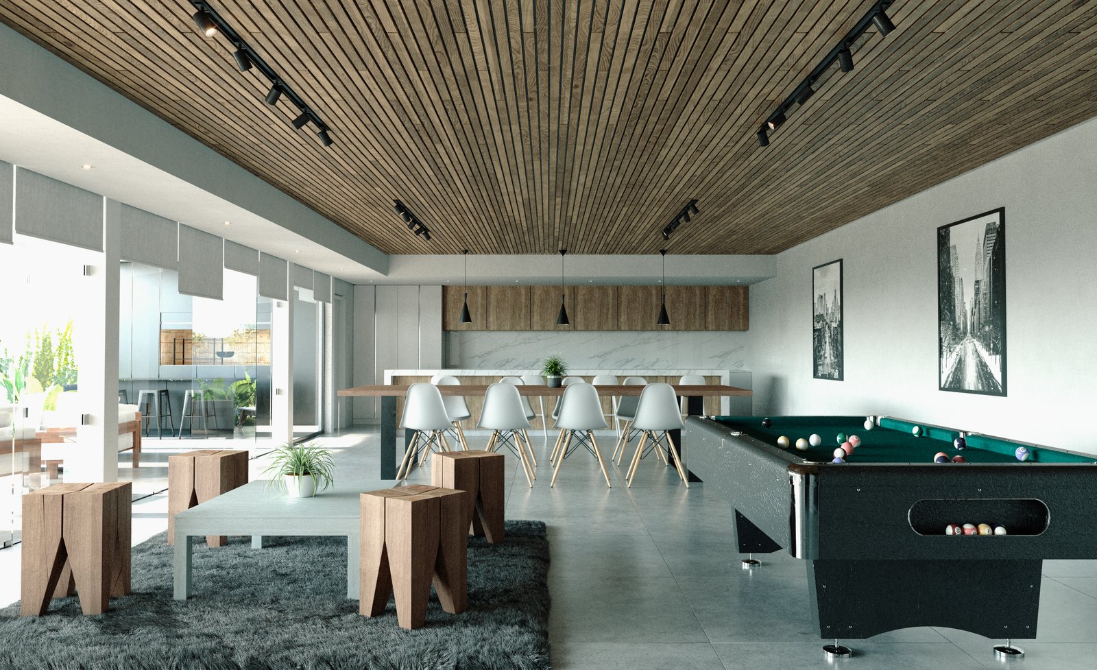 Espaço comercial moderno com mesa de sinuca e teto de madeira — projeto Quincho Norte, por MV Arquitectos, em Formosa