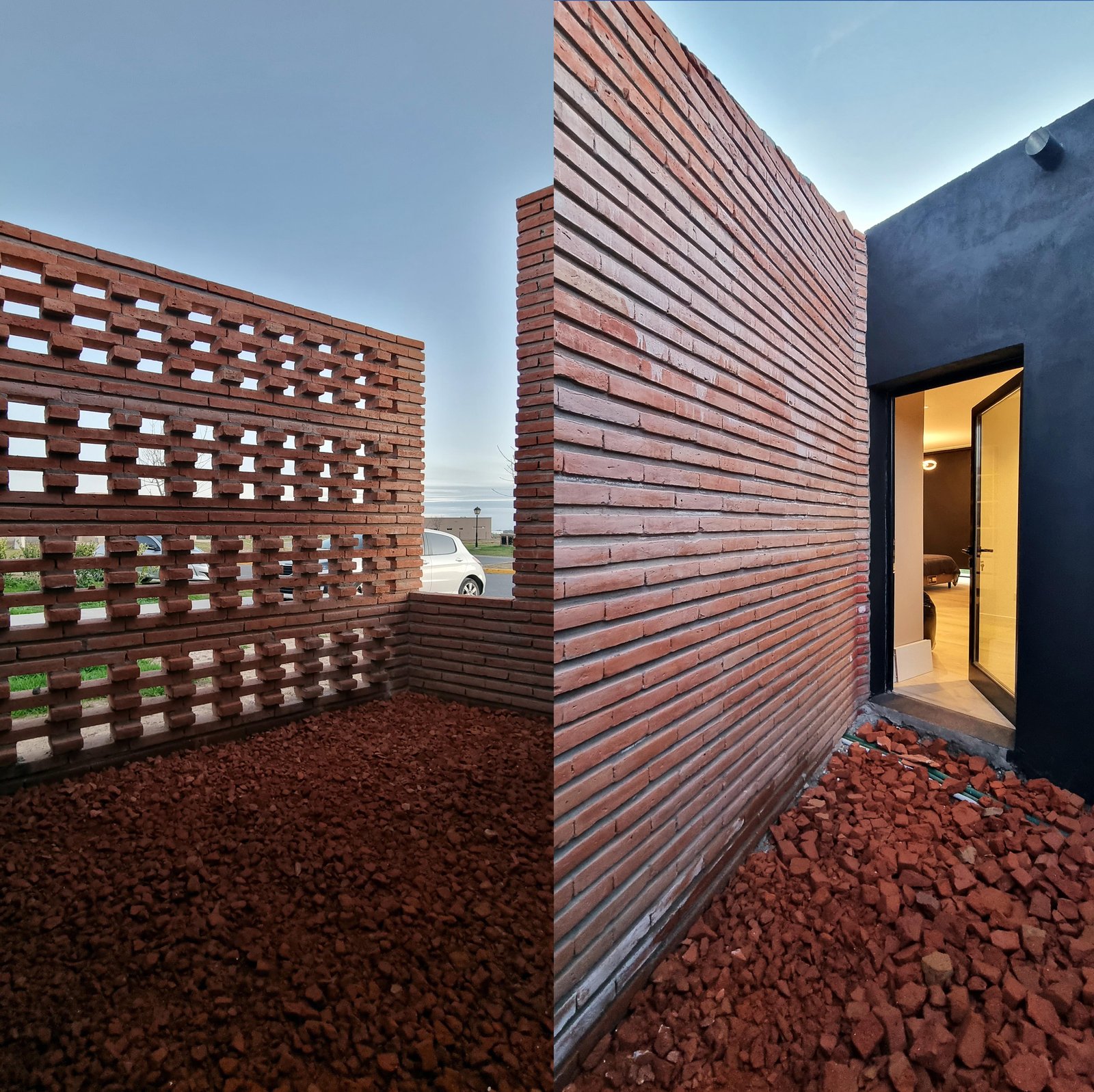 fachada de ladrillos con patio de grava — proyecto SS01-House, por Etunez, en Provincia de Buenos Aires