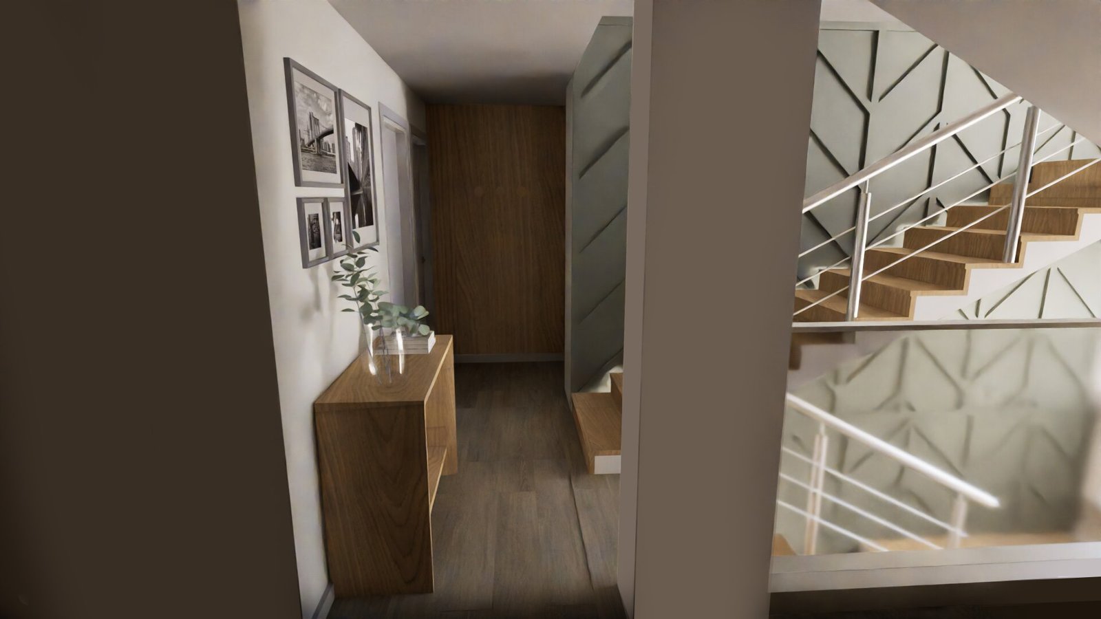 Hall de entrada moderno con escaleras flotantes y pared geométrica — proyecto Benito Juarez, por maria julia ciocca, en Villa Devoto