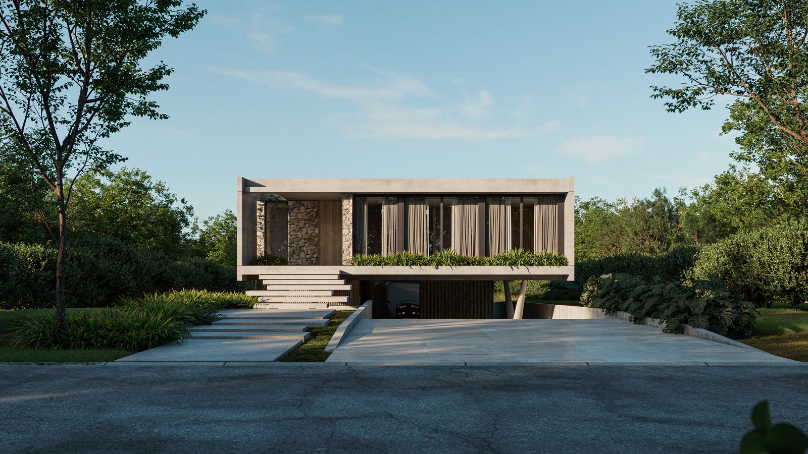Casa moderna minimalista con grandes ventanales y fachada de hormigón — proyecto Casa GOLF, por Grupo CRBN, en Ruta Panamericana Nº. 9