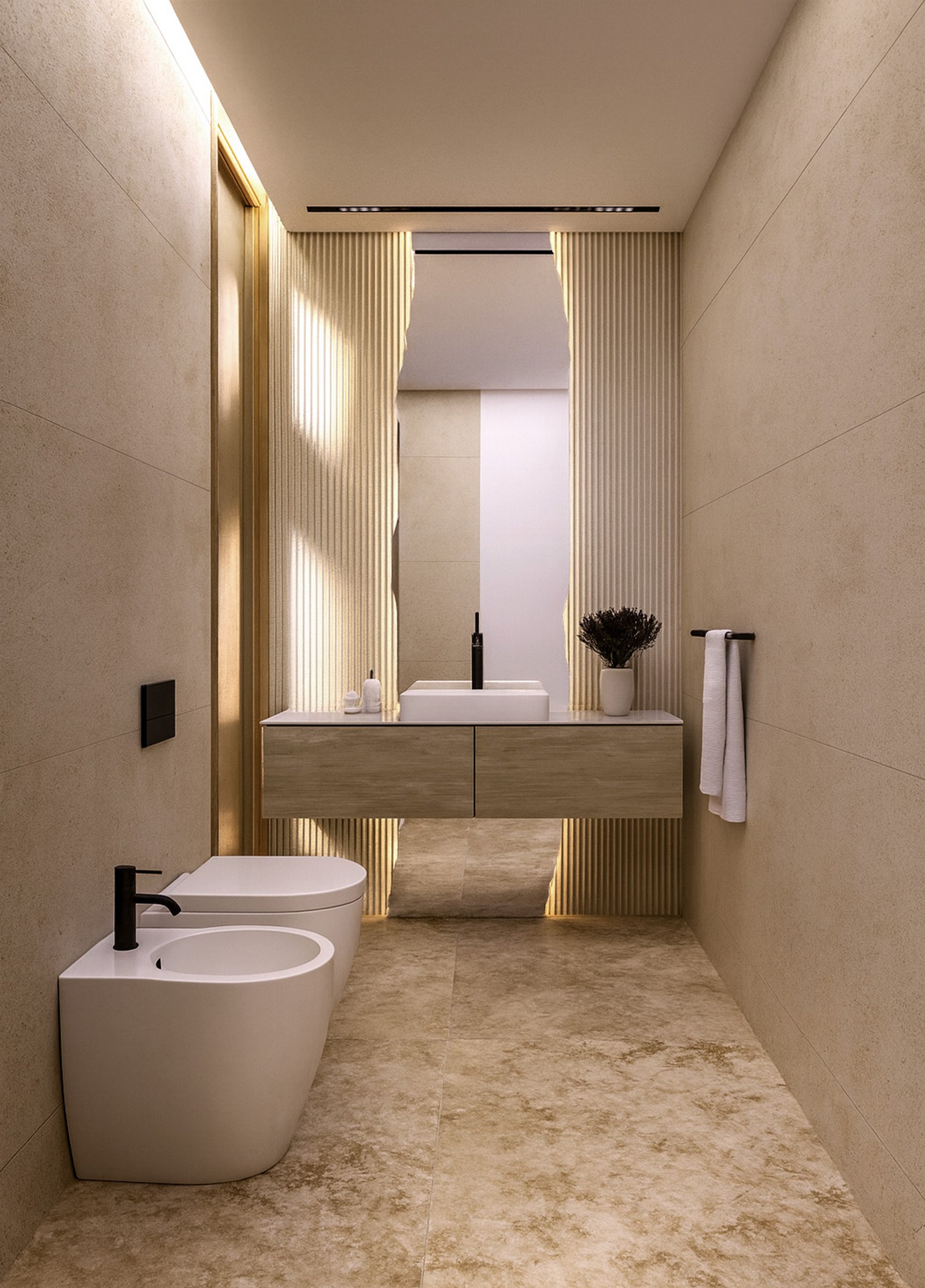 Baño moderno con paredes de piedra, mueble flotante de madera y bidet — proyecto Casa SC464, por EZ architects, en La Garza