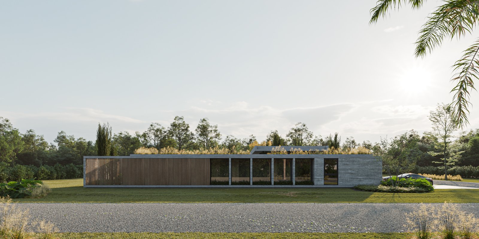 Fachada moderna com telhado verde e detalhes em madeira e concreto — projeto Casa LAZO, por Grupo CRBN, em B2812 Exaltación de la Cruz