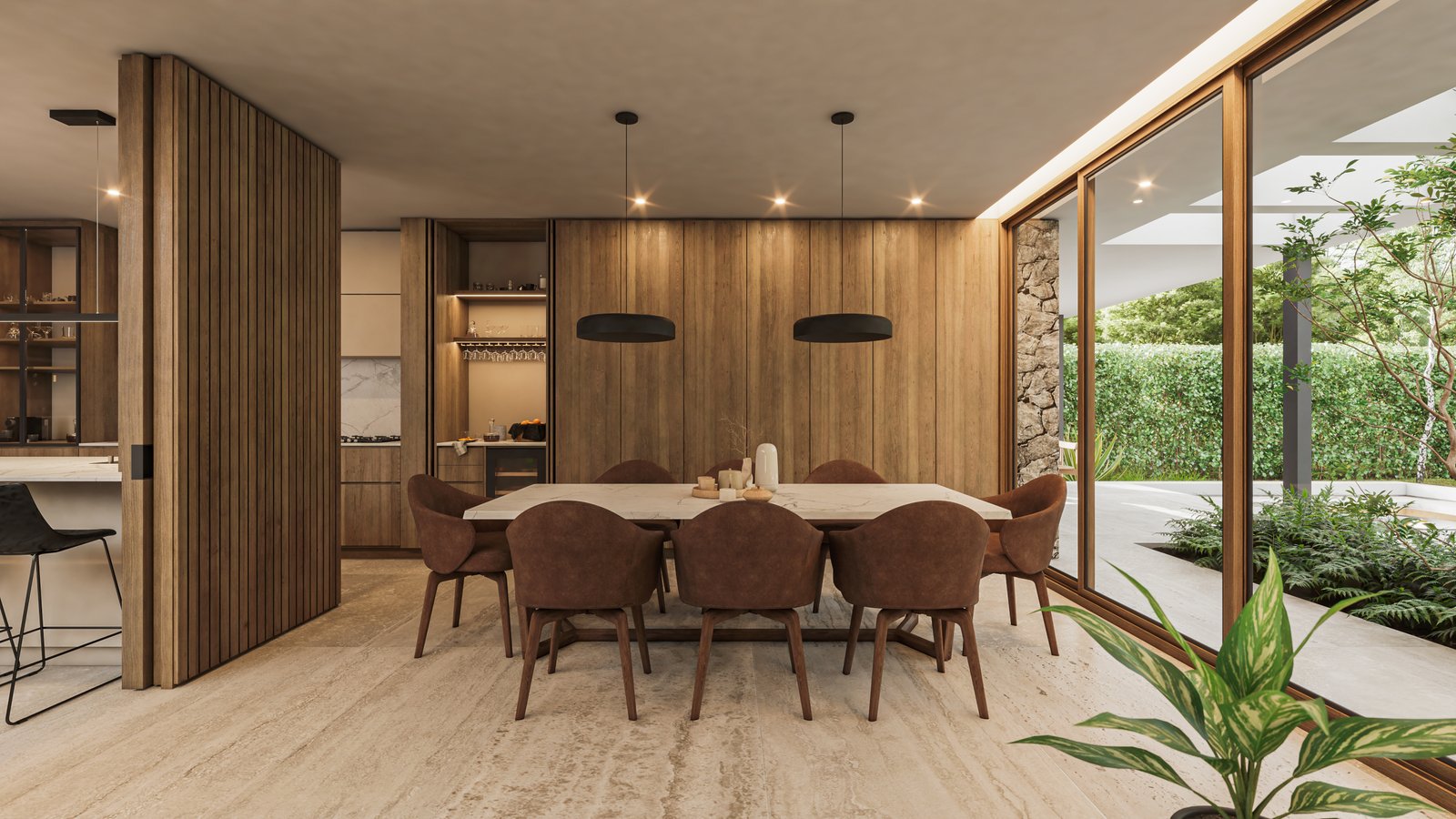 Comedor moderno con paneles de madera y mesa amplia — proyecto Casa CITY, por Grupo CRBN, en City Bell