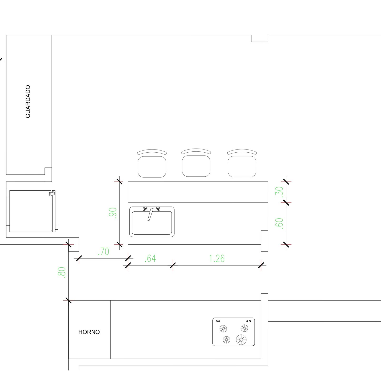 Plano de cocina moderna con isla, mesada de piedra blanca y tres banquetas — proyecto Reforma de cocina, por CZ.Interiores, en Caballito