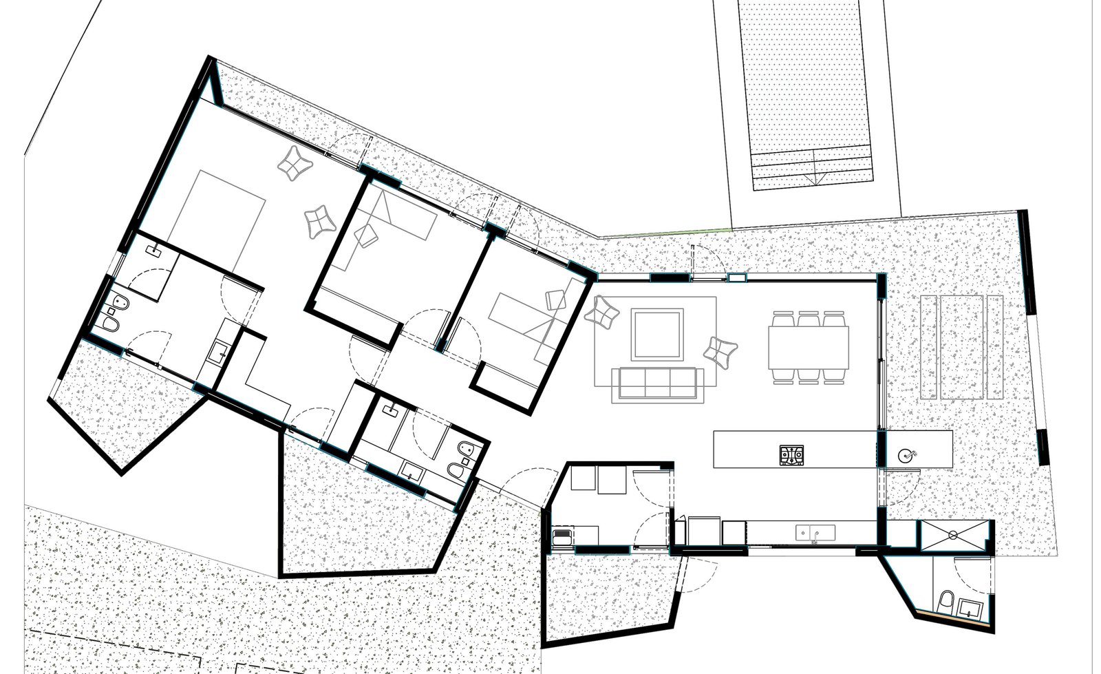 Plano arquitectónico de casa moderna con diseño angular y concepto abierto — proyecto SS01-House, por Etunez, en Provincia de Buenos Aires