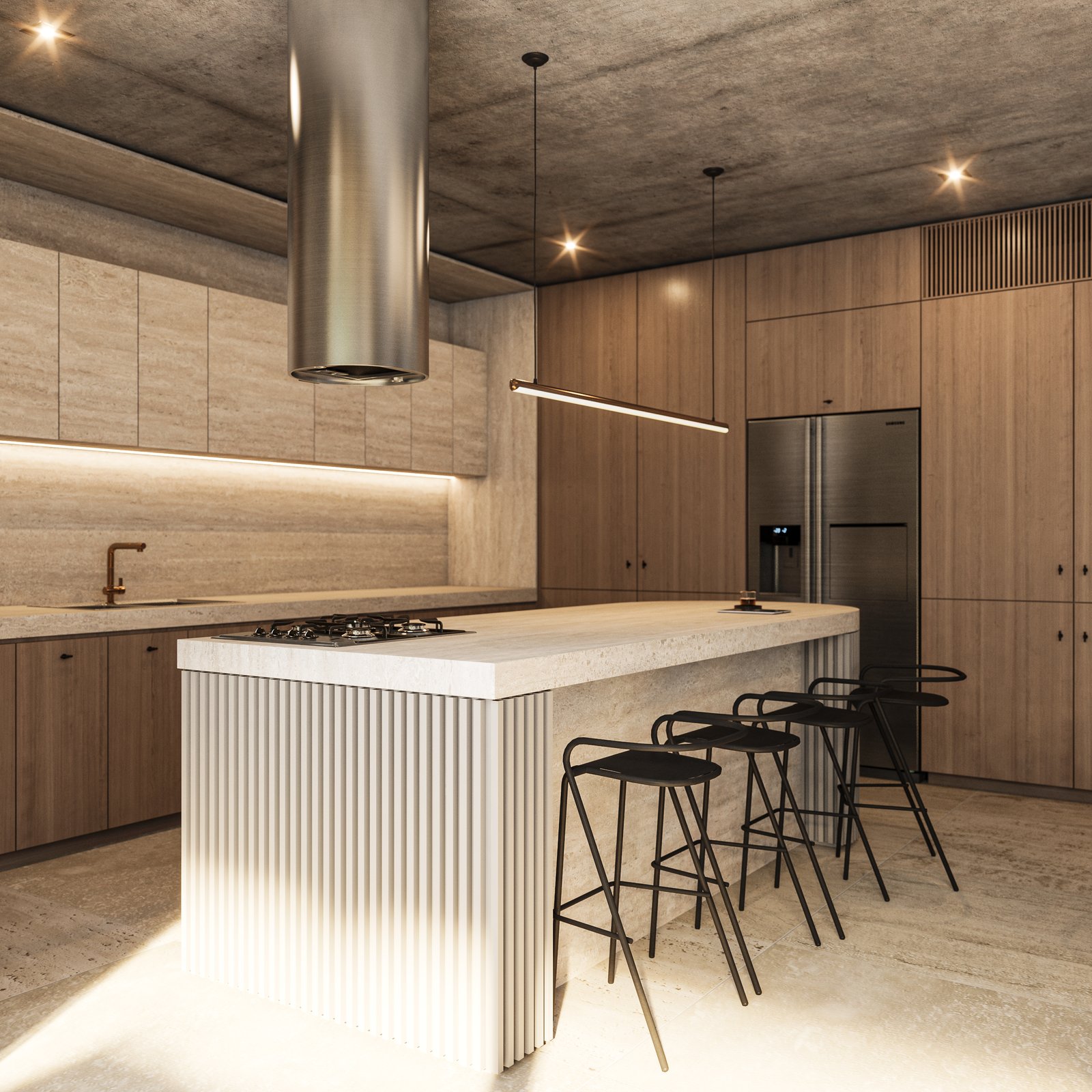 Cocina moderna minimalista con isla central y revestimiento de madera — proyecto Casa MITO, por Grupo CRBN, en Ituzaingó