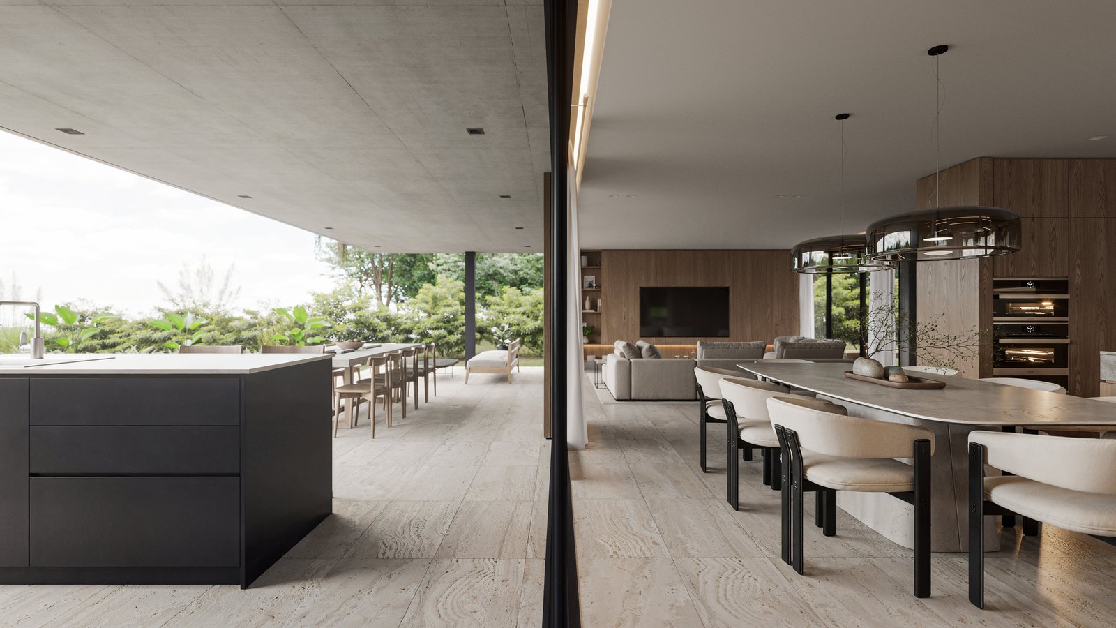 Cocina comedor integrada con isla y ventanales amplios — proyecto Casa CALMA, por Grupo CRBN, en Av. de los Lagos 100