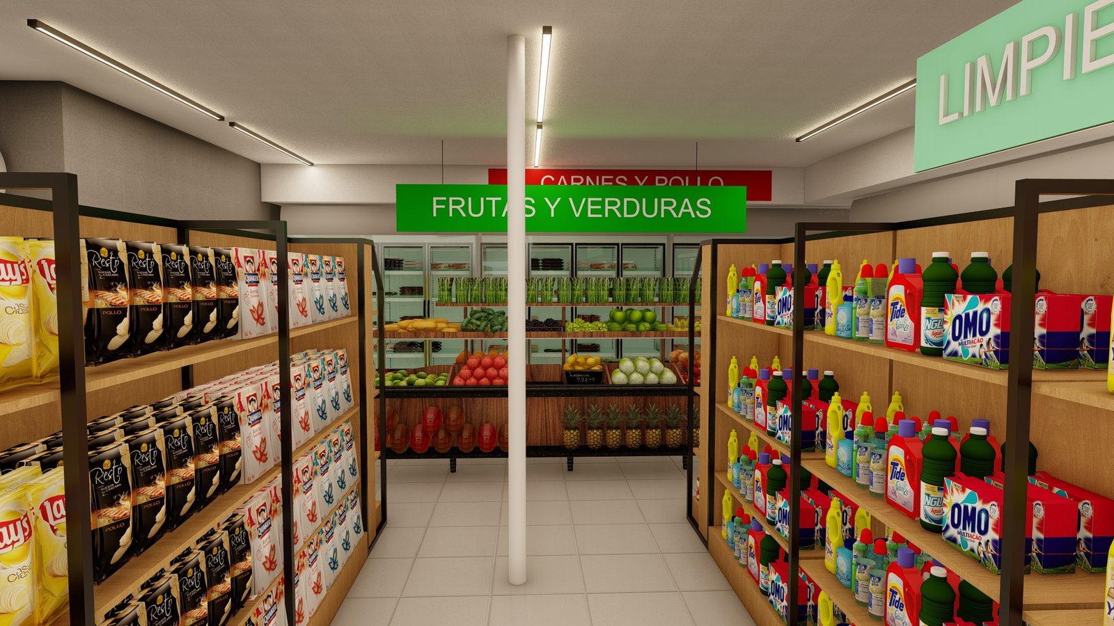 Supermercado moderno con estanterías amplias y surtidas — proyecto Ahyre Norte, por L8A | interiorismo & arquitectura, en Añelo