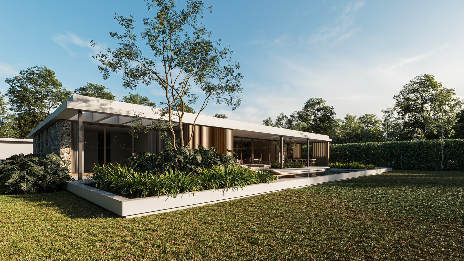 moderna casa con piedra y madera, muchas ventanas y jardín — proyecto Casa CITY, por Grupo CRBN, en City Bell