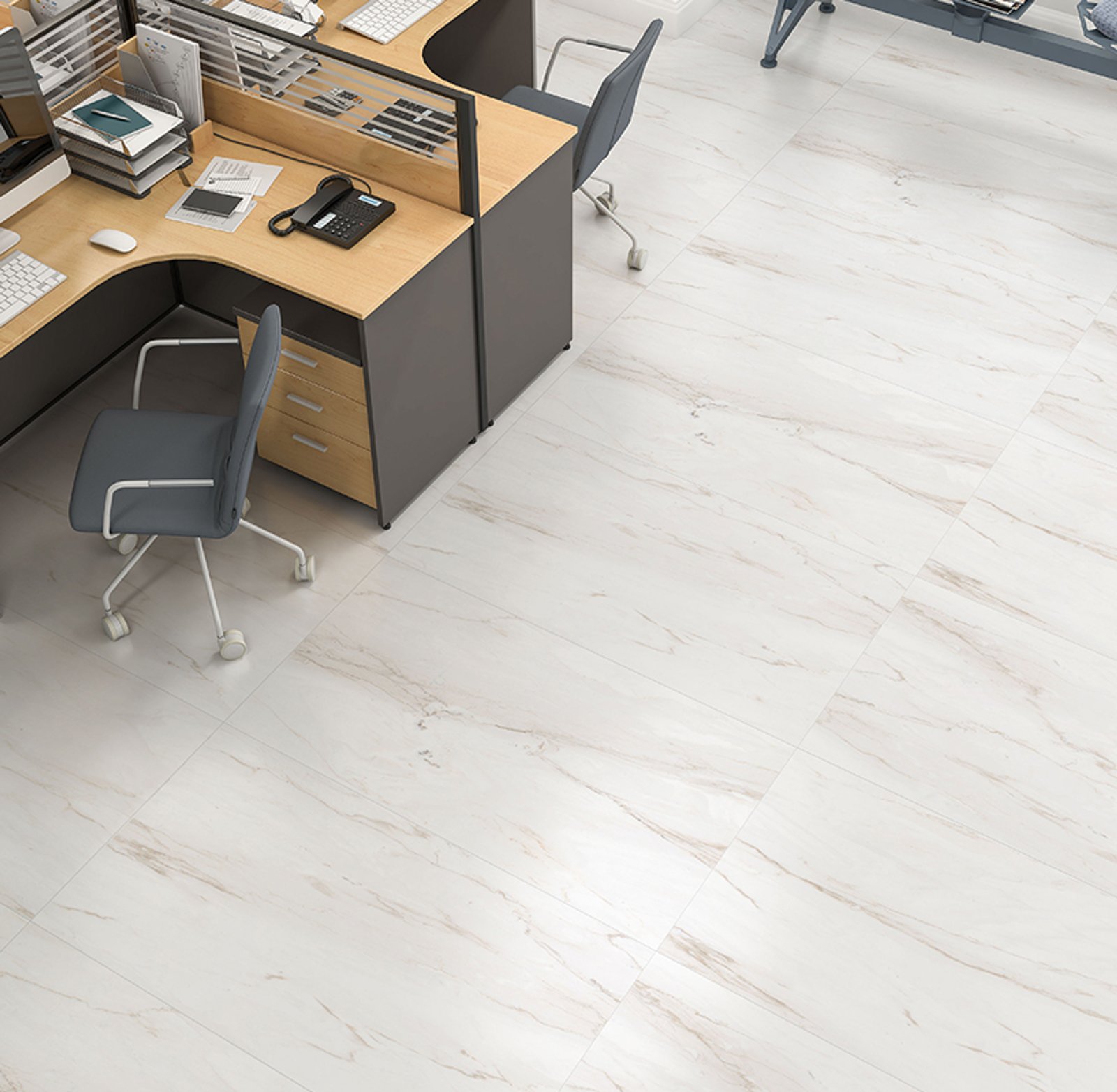 oficina moderna con suelo de mármol blanco y escritorio de madera — proyecto Marmol, por TENDENZA, en Buenos Aires