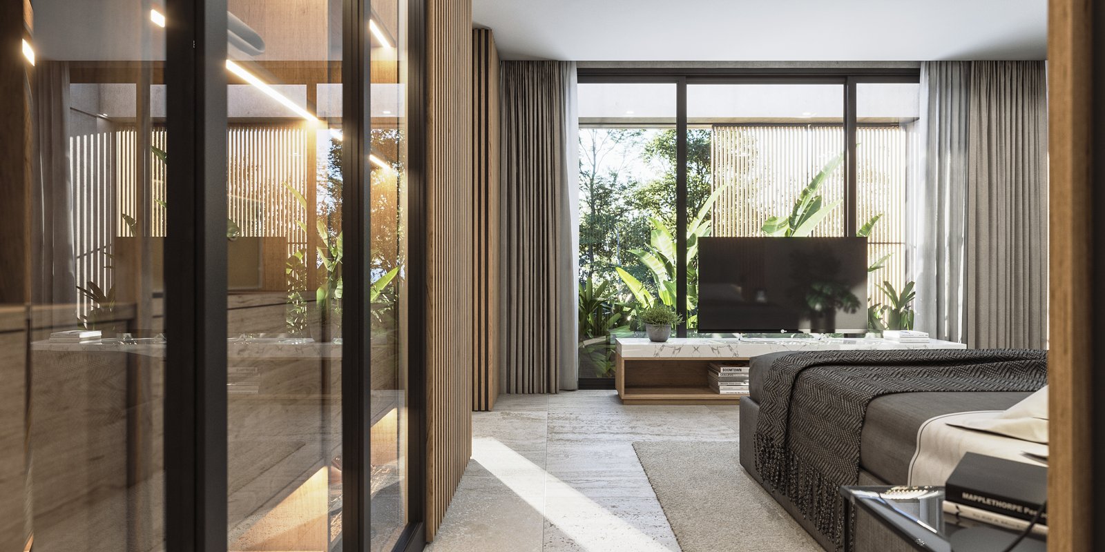 Dormitorio moderno con vista al jardín, paredes de madera y grandes ventanales — proyecto Casa TERRA, por Grupo CRBN, en Los Robles 5901