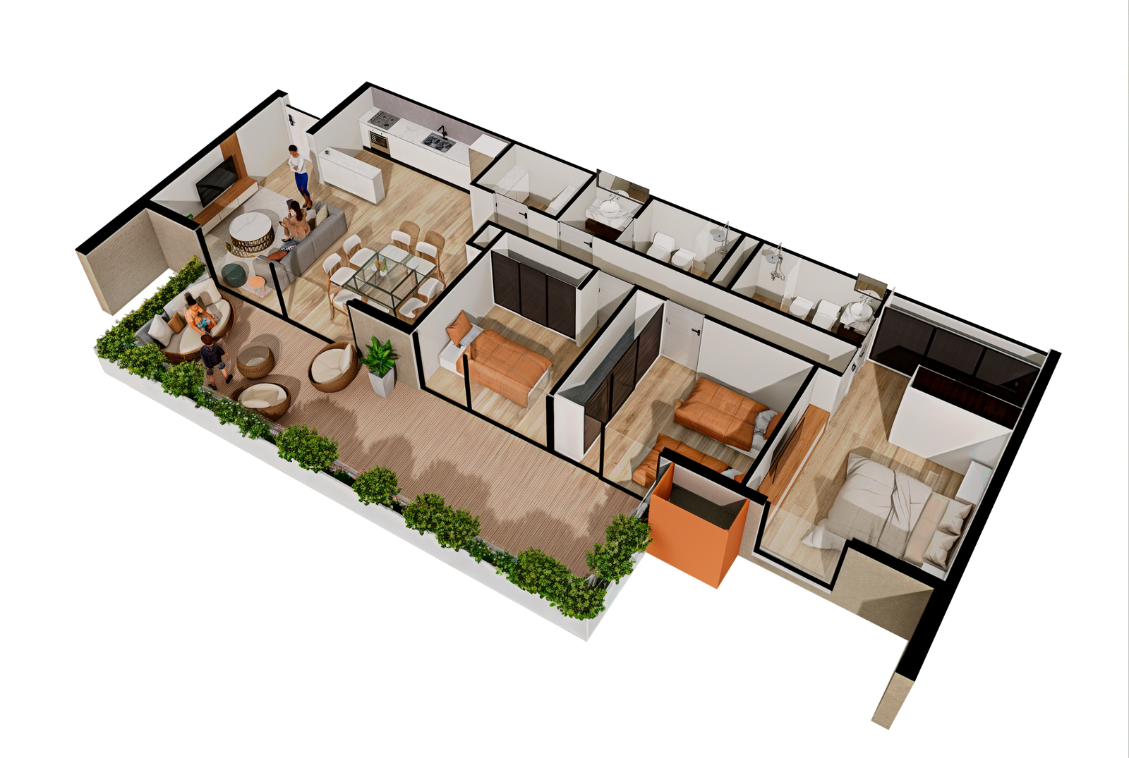 Apartamento moderno com terraço amplo e cozinha integrada — projeto PARQUE ALTO LIBERTADOR SUITTE, por ML ARQUITECTURA / ARQ. MARIANO LEOTTA, em San Juan